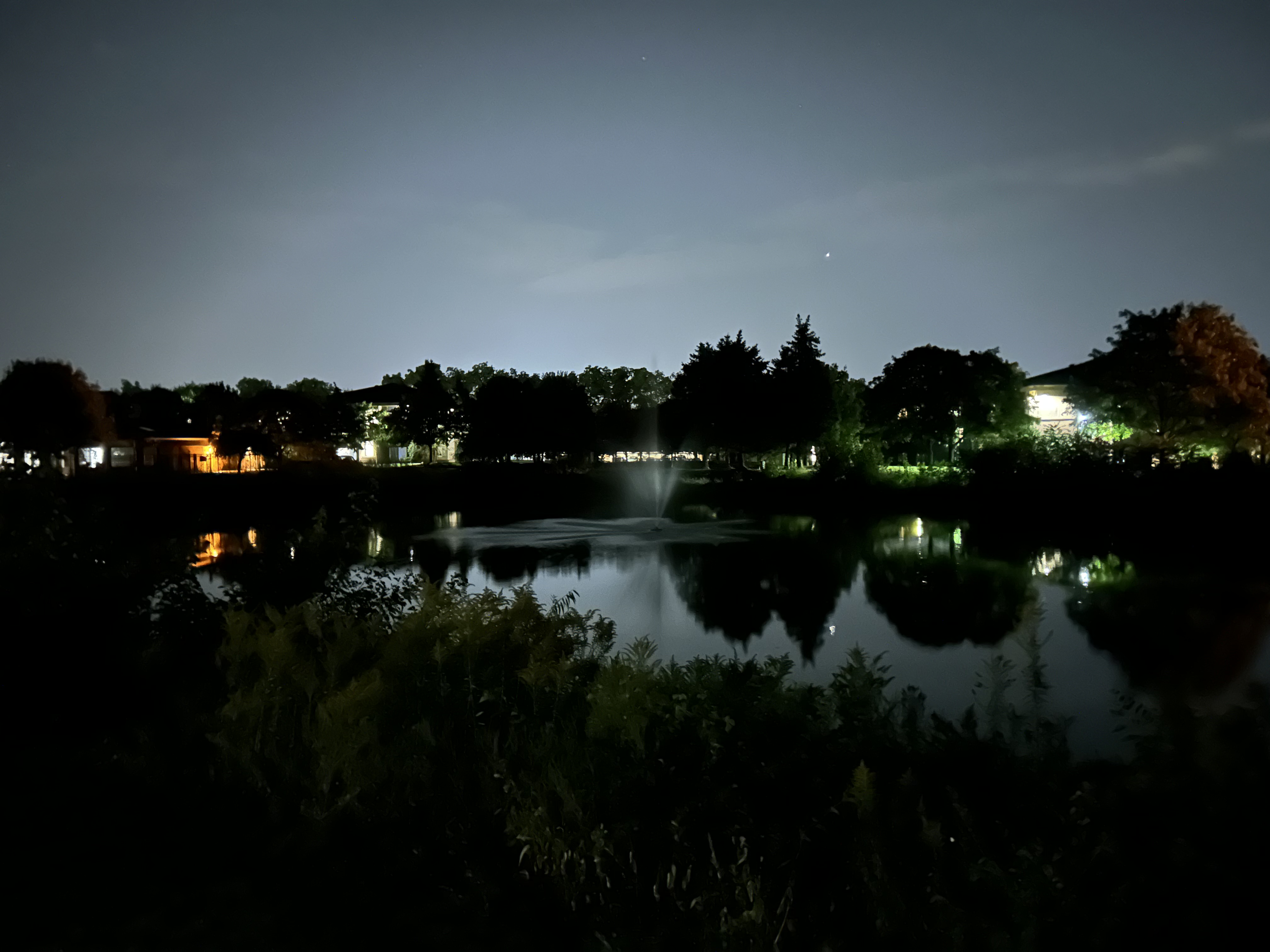 A photo of a pond and trees at night, taken with the iPhone 14.